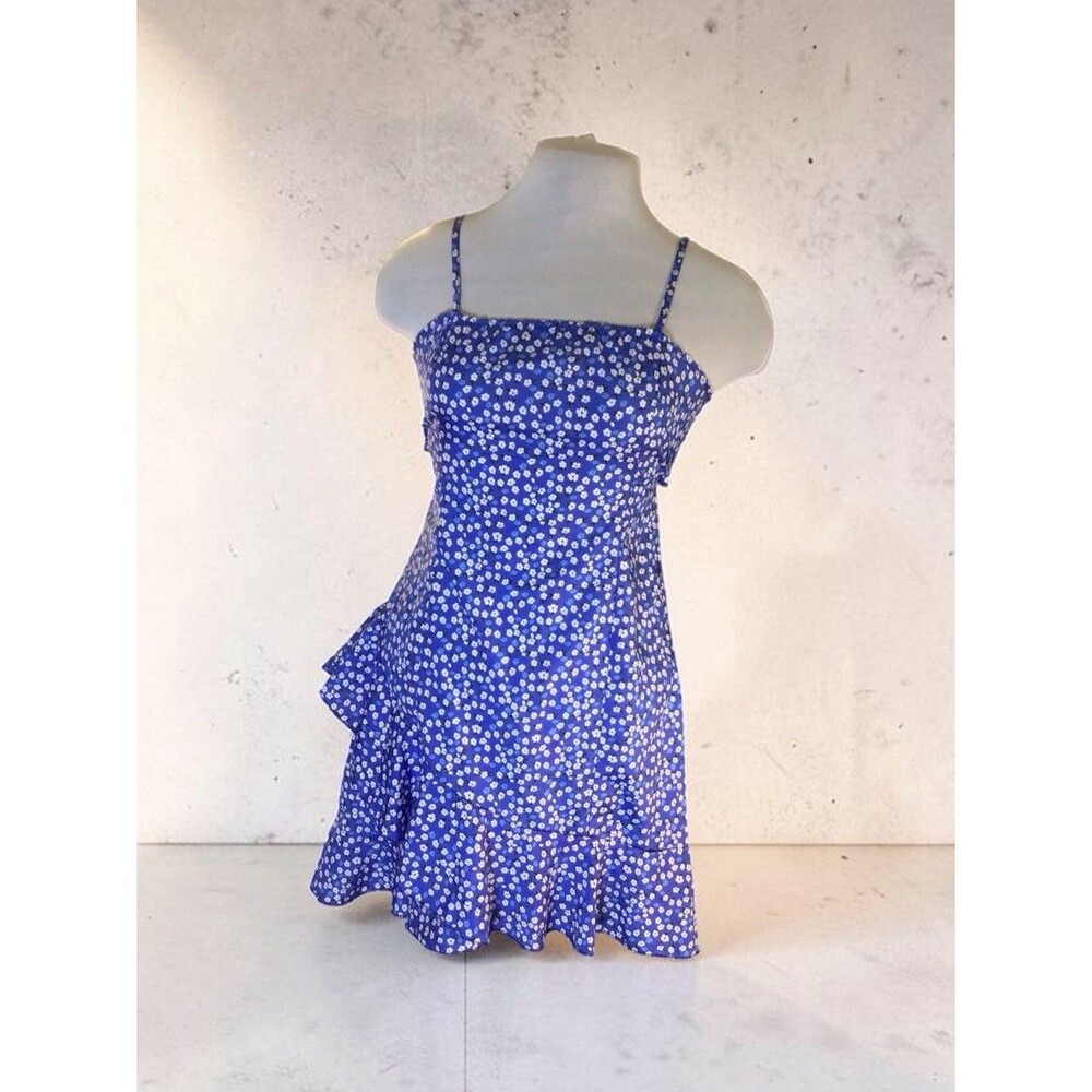 Ditsy Floral Print Ruffle Mini Dress W/Ruffled Skirt Overlay,Back Tie, Size JM